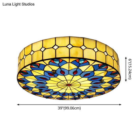 Mediterranean Stained Glass Drum Ceiling Mount Light For Bedroom