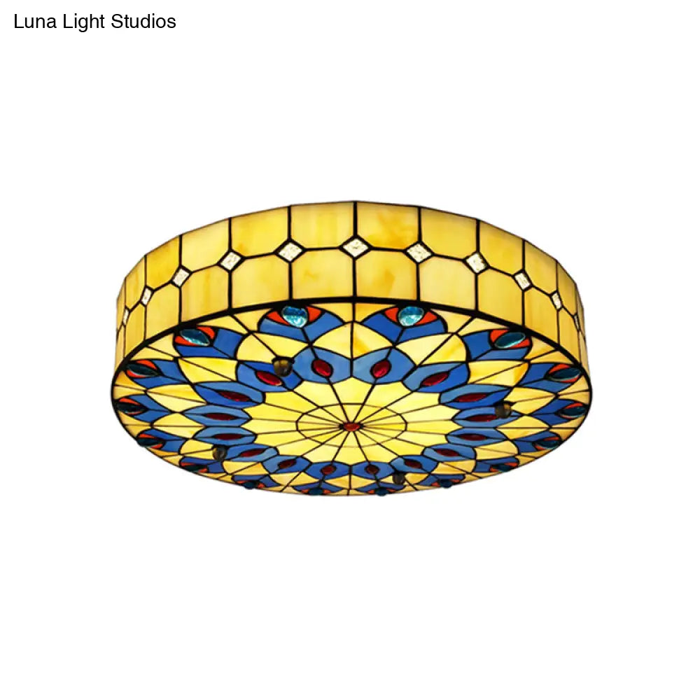 Mediterranean Stained Glass Drum Ceiling Mount Light For Bedroom Yellow / 23.5