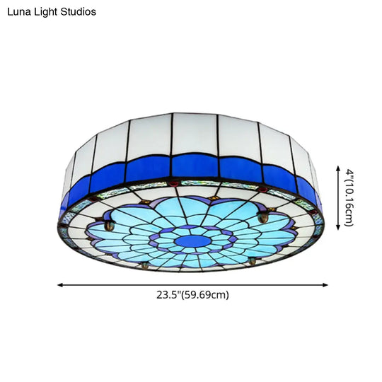 Mediterranean Stained Glass Drum Ceiling Mount Light For Bedroom