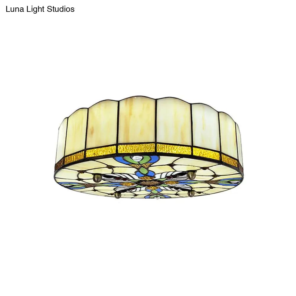 Mediterranean Stained Glass Drum Ceiling Mount Light For Bedroom Beige / 16