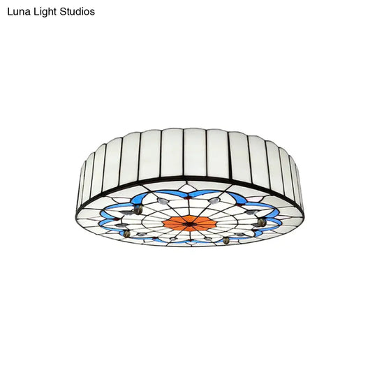 Mediterranean Stained Glass Drum Ceiling Mount Light For Bedroom