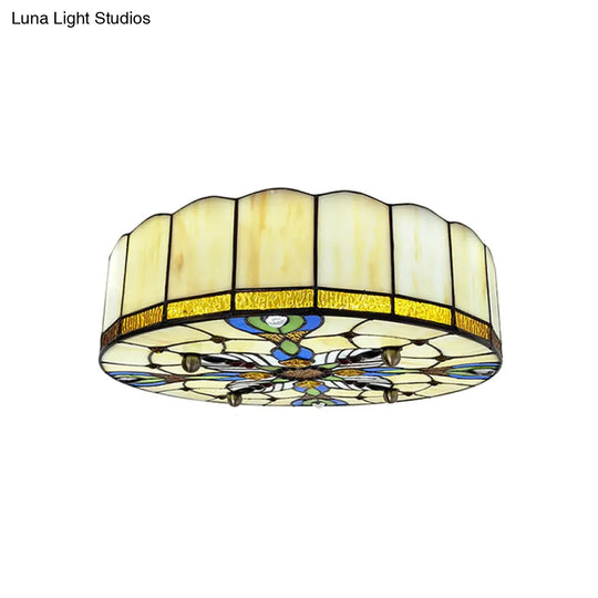 Mediterranean Stained Glass Drum Ceiling Mount Light For Bedroom Beige / 19.5