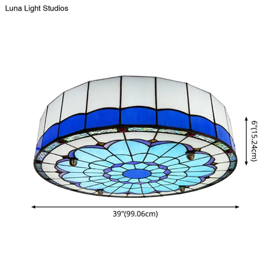 Mediterranean Stained Glass Drum Ceiling Mount Light For Bedroom