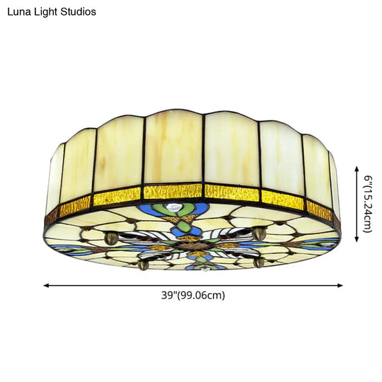 Mediterranean Stained Glass Drum Ceiling Mount Light For Bedroom