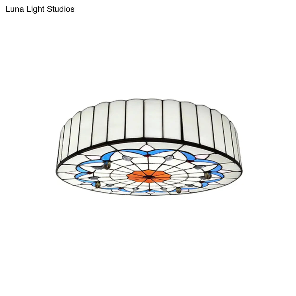 Mediterranean Stained Glass Drum Ceiling Mount Light For Bedroom White / 19.5