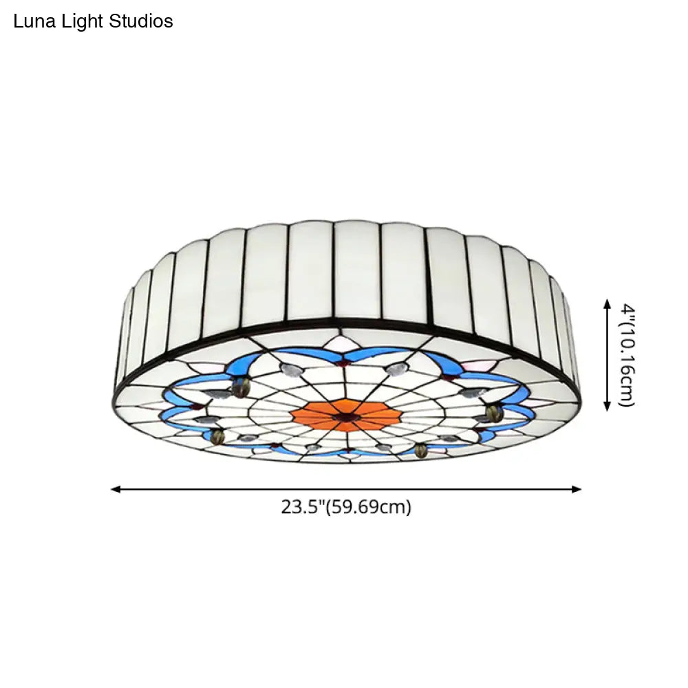 Mediterranean Stained Glass Drum Ceiling Mount Light For Bedroom