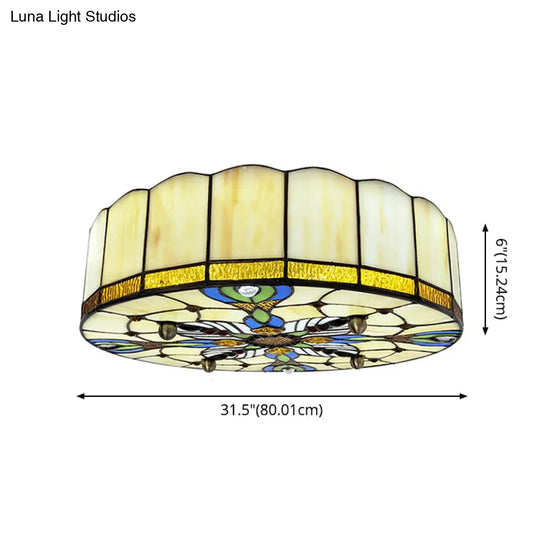 Mediterranean Stained Glass Drum Ceiling Mount Light For Bedroom