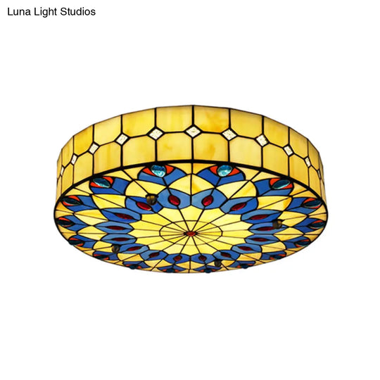 Mediterranean Stained Glass Drum Ceiling Mount Light For Bedroom Yellow / 31.5