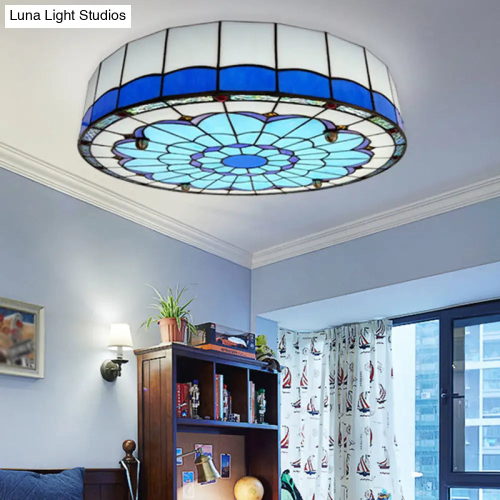 Mediterranean Stained Glass Drum Ceiling Mount Light For Bedroom