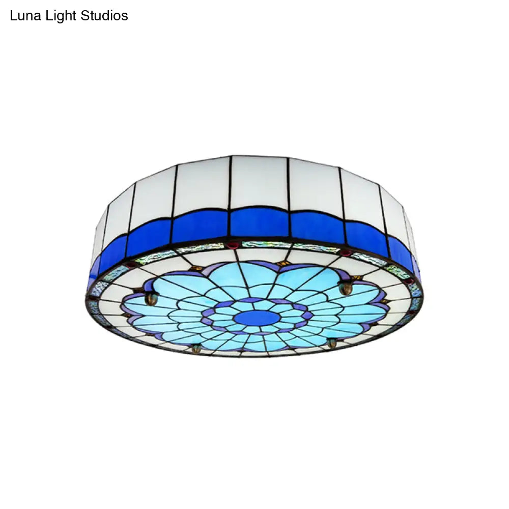 Mediterranean Stained Glass Drum Ceiling Mount Light For Bedroom Blue / 19.5