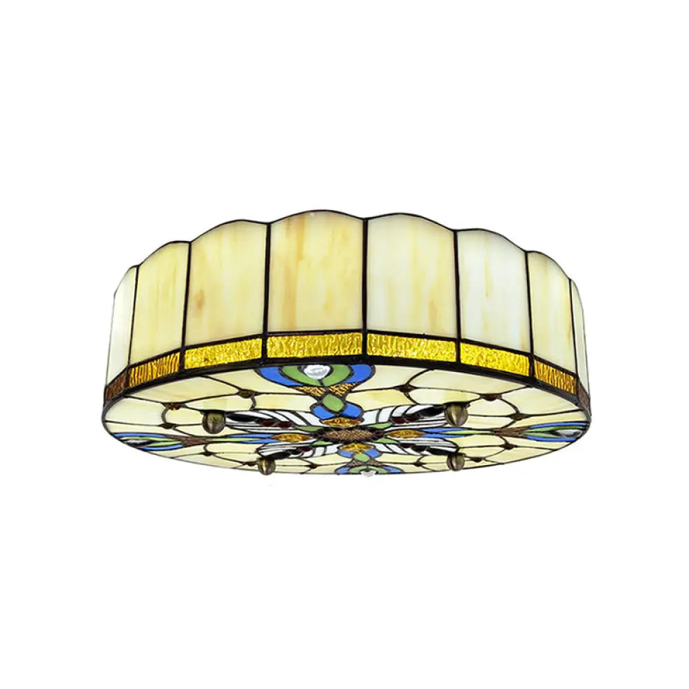 Mediterranean Stained Glass Drum Ceiling Mount Light For Bedroom Beige / 23.5’