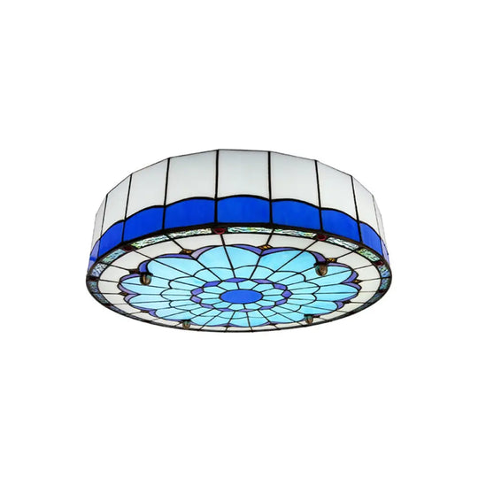 Mediterranean Stained Glass Drum Ceiling Mount Light For Bedroom Blue / 16’