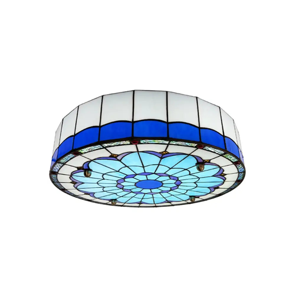 Mediterranean Stained Glass Drum Ceiling Mount Light For Bedroom Blue / 19.5’