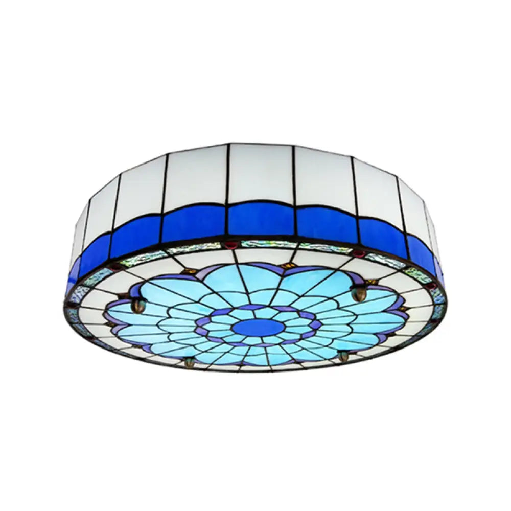 Mediterranean Stained Glass Drum Ceiling Mount Light For Bedroom Blue / 39’