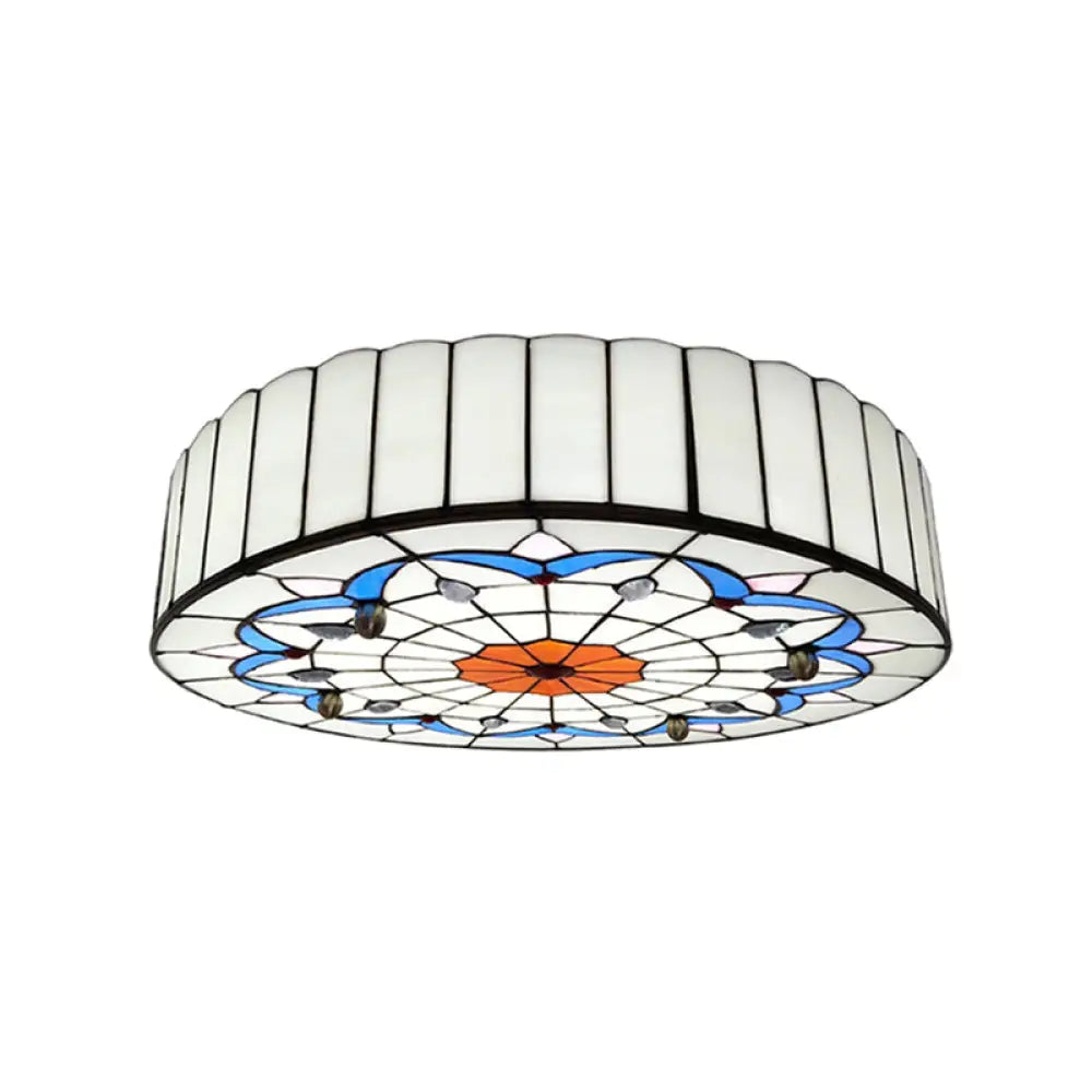 Mediterranean Stained Glass Drum Ceiling Mount Light For Bedroom White / 16’