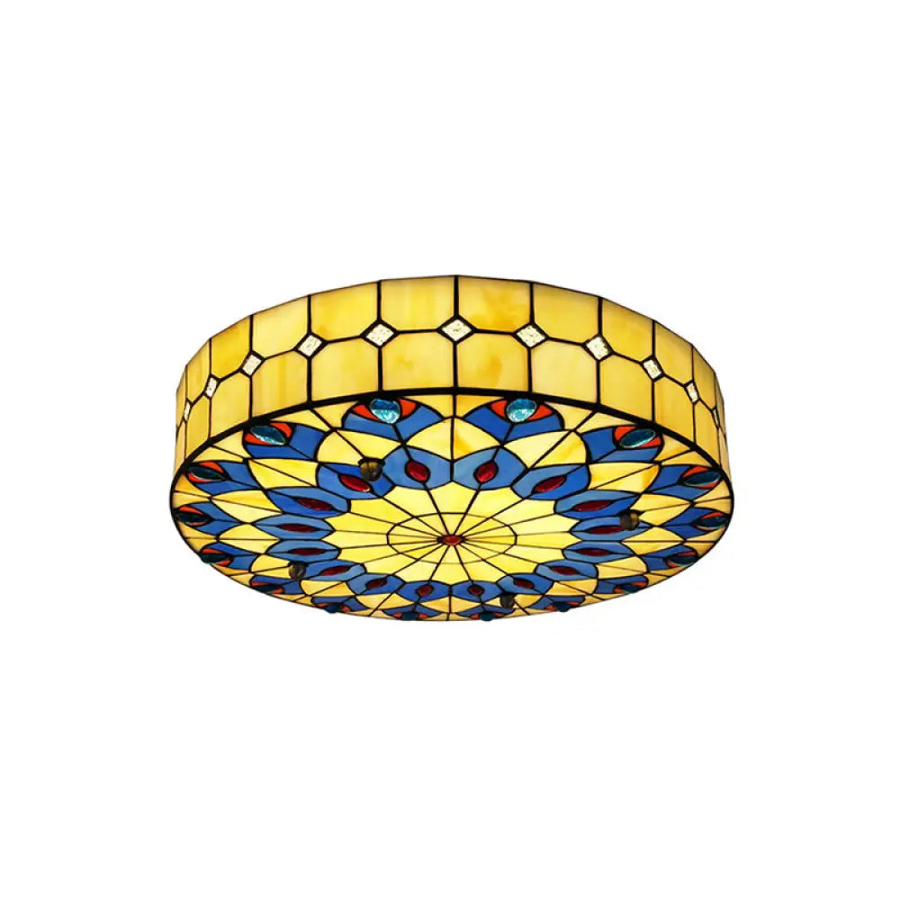 Mediterranean Stained Glass Drum Ceiling Mount Light For Bedroom Yellow / 16’