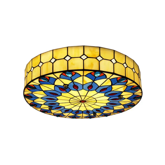 Mediterranean Stained Glass Drum Ceiling Mount Light For Bedroom Yellow / 31.5’