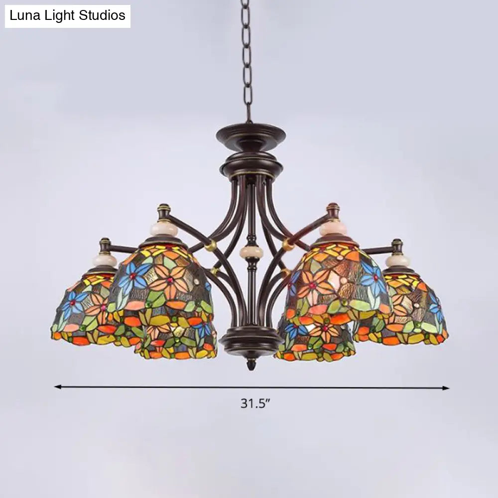 Mediterranean Stained Glass Flower Chandelier: Black Hanging Lamp For Living Room With 3/5/8 Lights