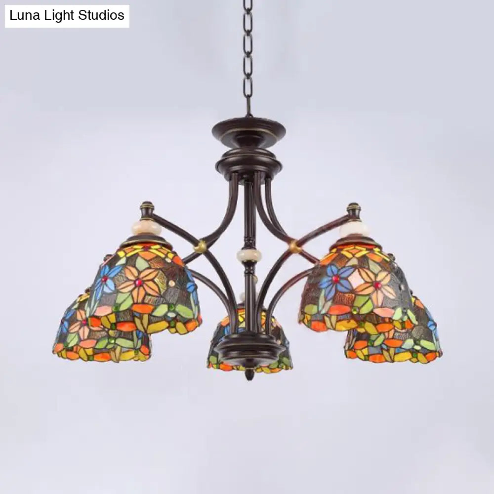 Mediterranean Stained Glass Flower Chandelier - Elegant Black Hanging Lamp Kit For Living Room