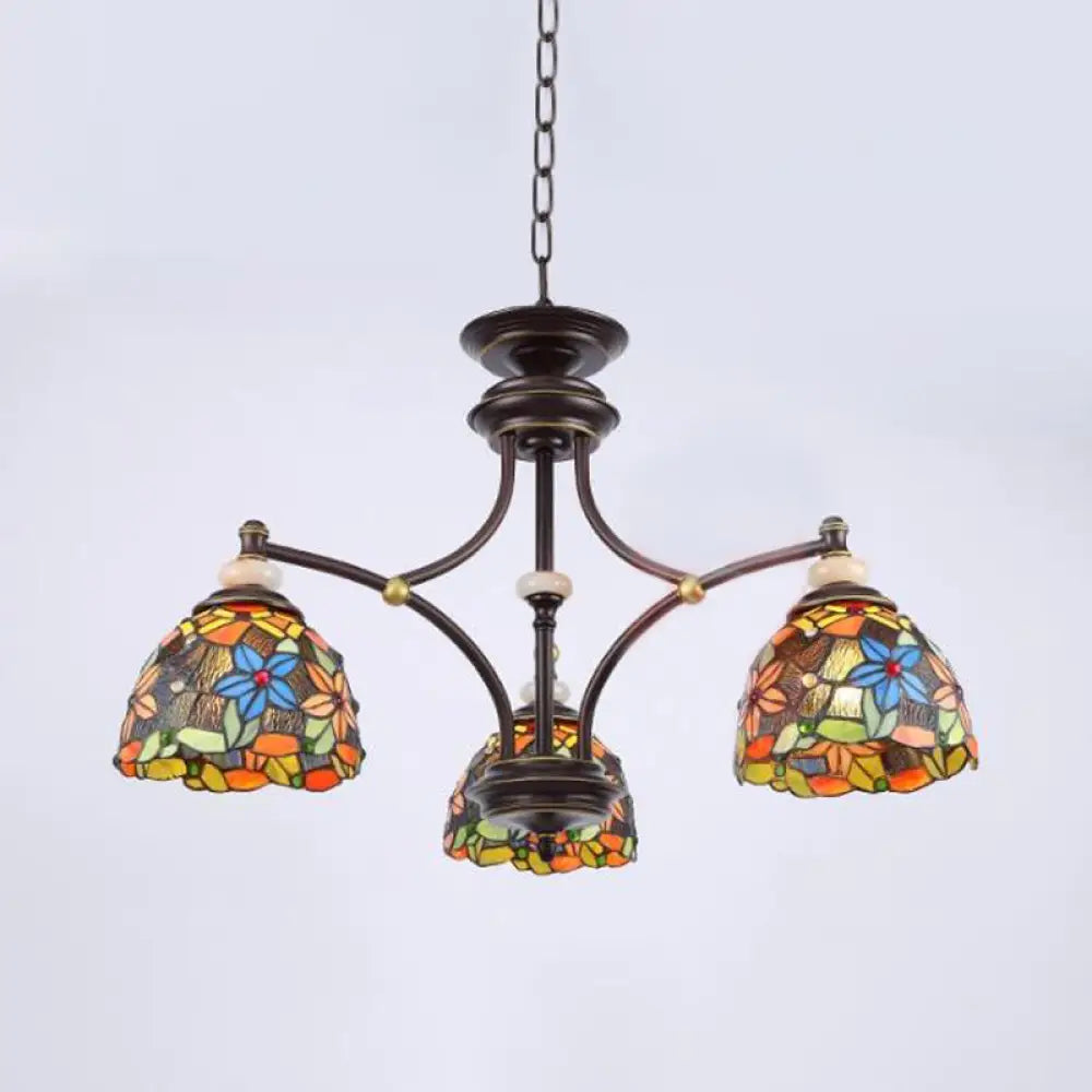 Mediterranean Stained Glass Flower Chandelier: Black Hanging Lamp For Living Room With 3/5/8 Lights