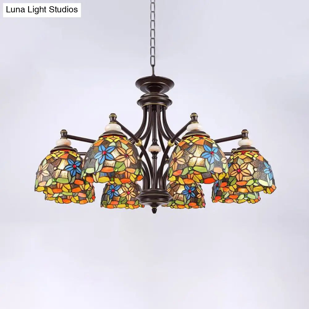 Mediterranean Stained Glass Flower Chandelier - Elegant Black Hanging Lamp Kit For Living Room