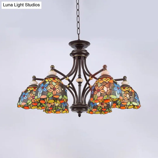 Mediterranean Stained Glass Flower Chandelier - Elegant Black Hanging Lamp Kit For Living Room 6 /