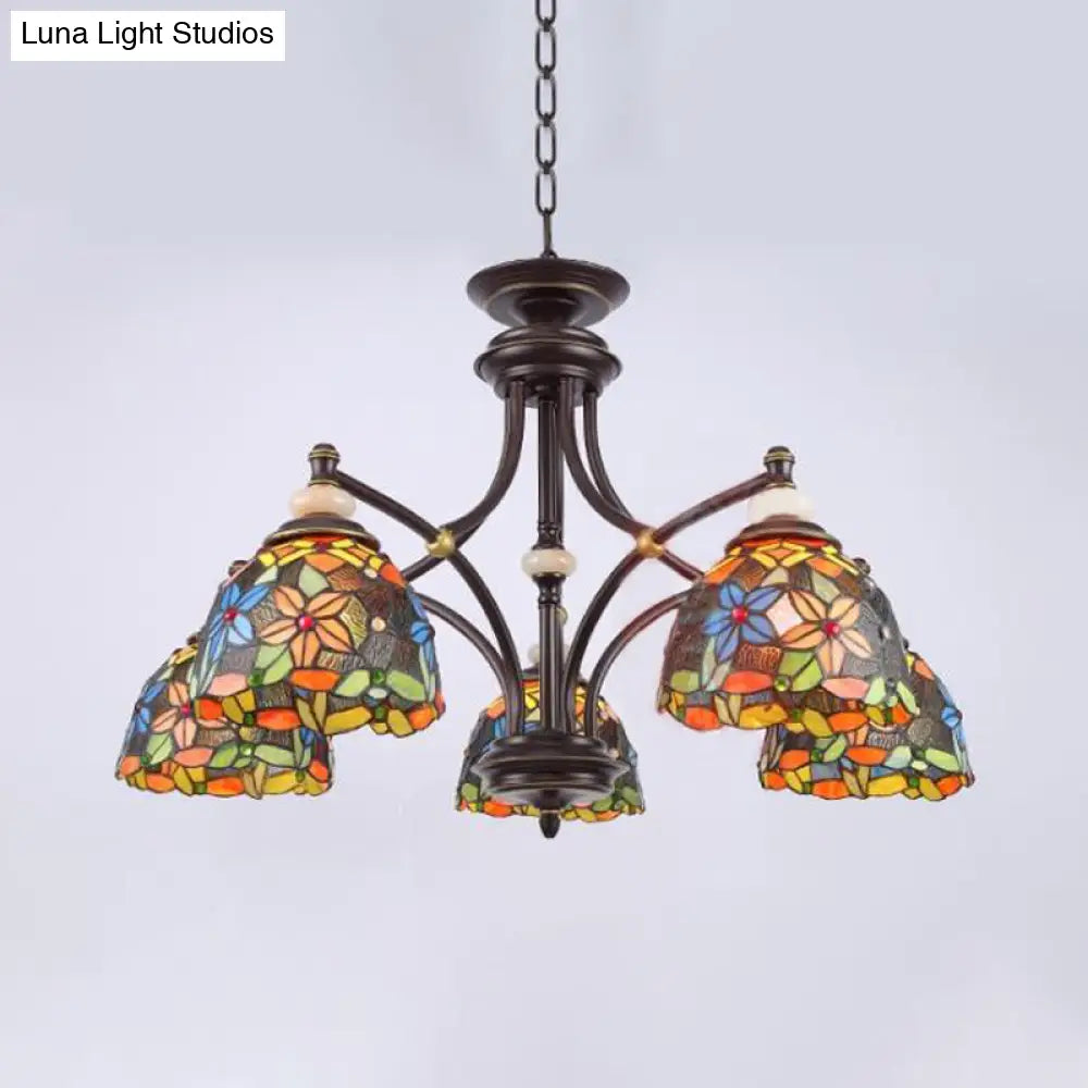 Mediterranean Stained Glass Flower Chandelier: Black Hanging Lamp For Living Room With 3/5/8 Lights