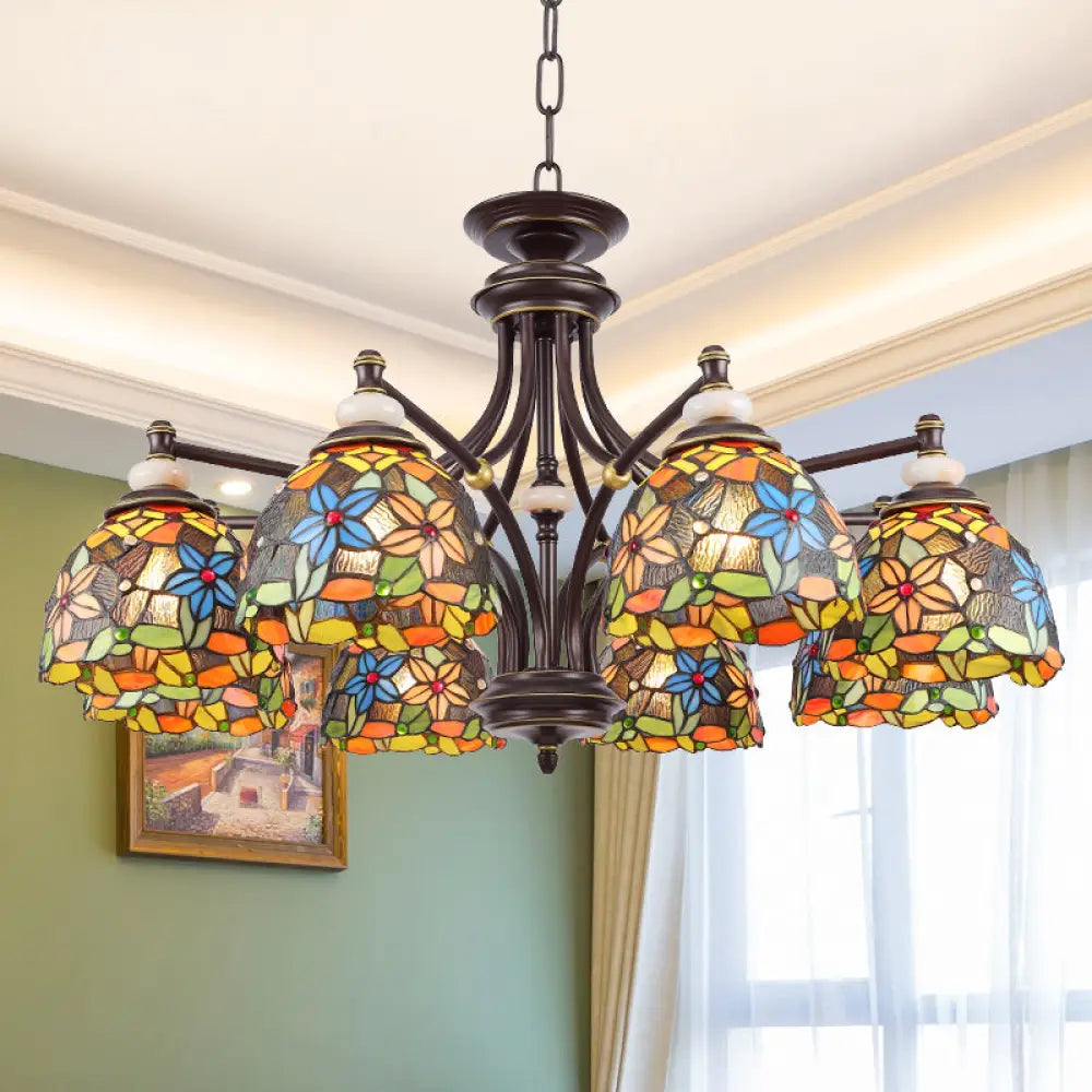 Mediterranean Stained Glass Flower Chandelier: Black Hanging Lamp For Living Room With 3/5/8 Lights