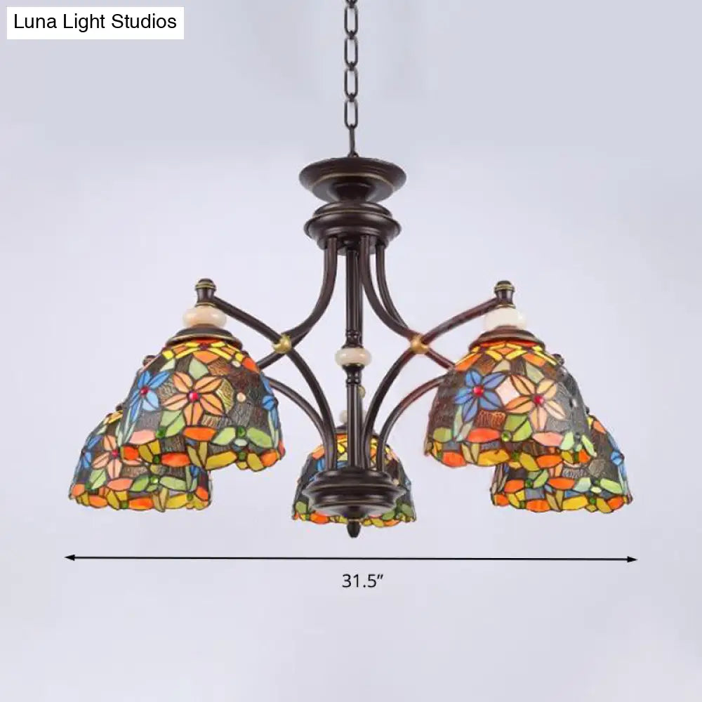 Mediterranean Stained Glass Flower Chandelier: Black Hanging Lamp For Living Room With 3/5/8 Lights