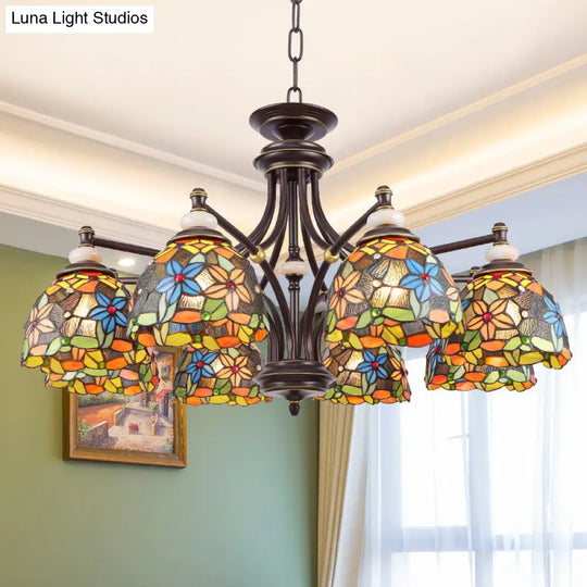 Mediterranean Stained Glass Flower Chandelier - Elegant Black Hanging Lamp Kit For Living Room 8 /