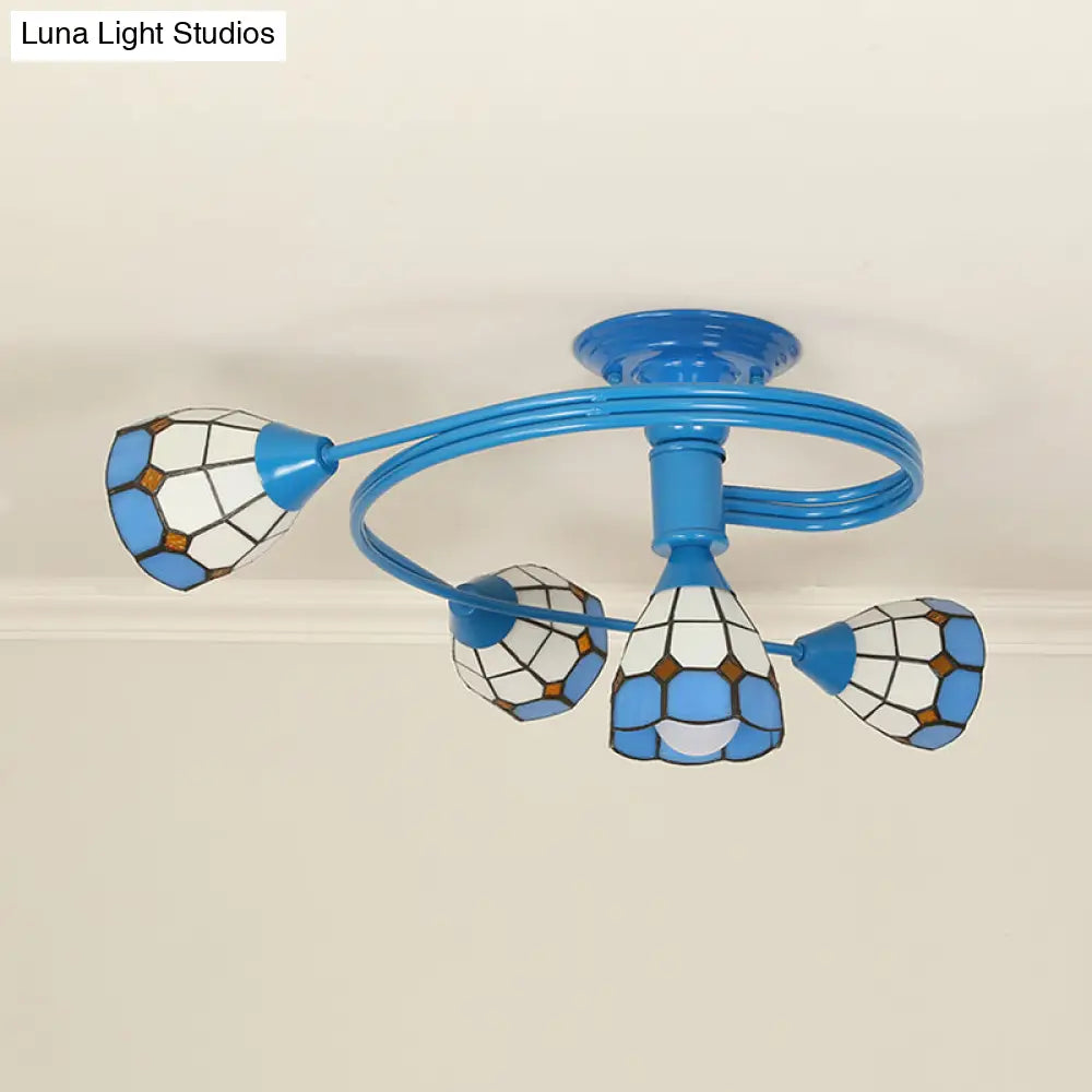 Blue Bowl Stained Glass Flush Ceiling Light - 4/6 Lights Perfect For Bedroom