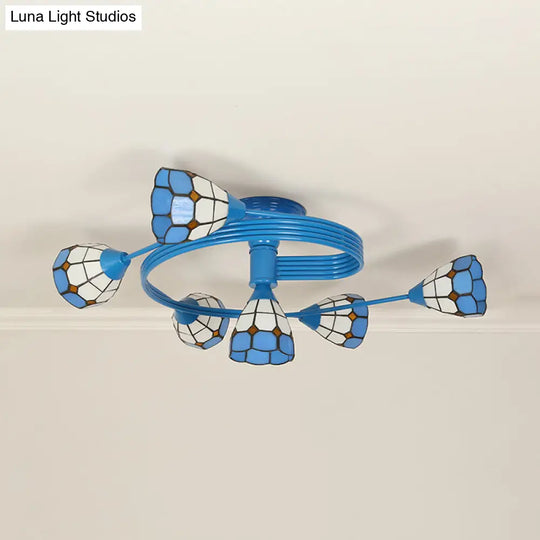 Blue Bowl Stained Glass Flush Ceiling Light - 4/6 Lights Perfect For Bedroom