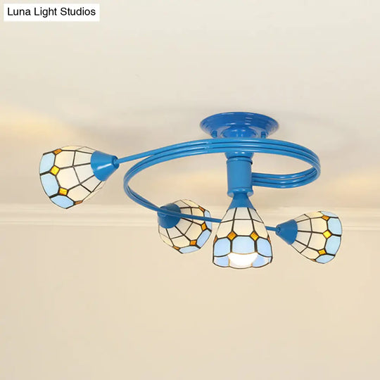 Blue Bowl Stained Glass Flush Ceiling Light - 4/6 Lights Perfect For Bedroom 4 /