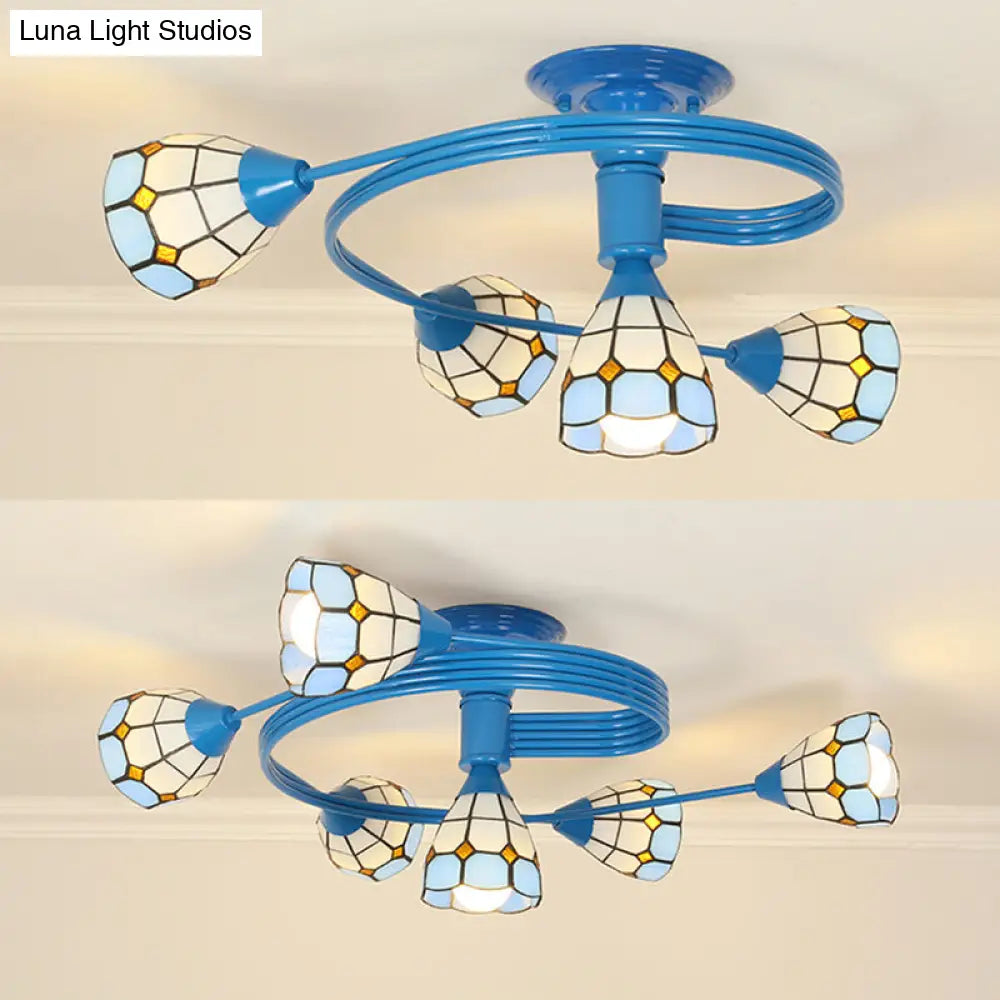 Blue Bowl Stained Glass Flush Ceiling Light - 4/6 Lights Perfect For Bedroom