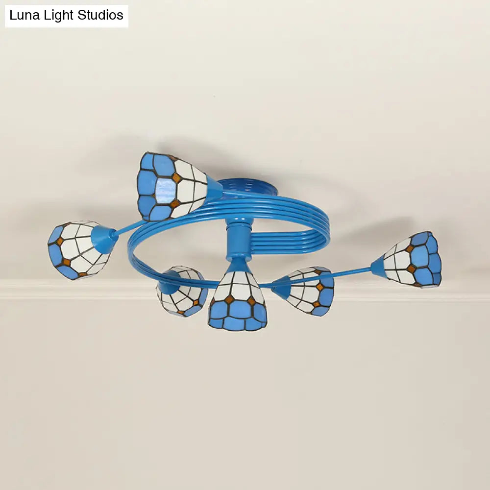 Mediterranean Stained Glass Flush Ceiling Light With Blue Bowl Design - Perfect For Bedroom (4/6