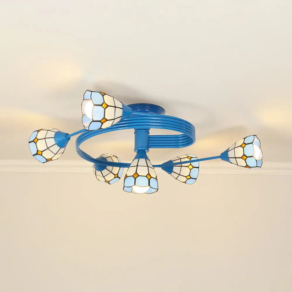 Mediterranean Stained Glass Flush Ceiling Light With Blue Bowl Design - Perfect For Bedroom (4/6