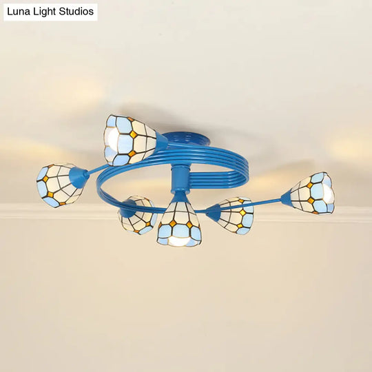 Blue Bowl Stained Glass Flush Ceiling Light - 4/6 Lights Perfect For Bedroom 6 /