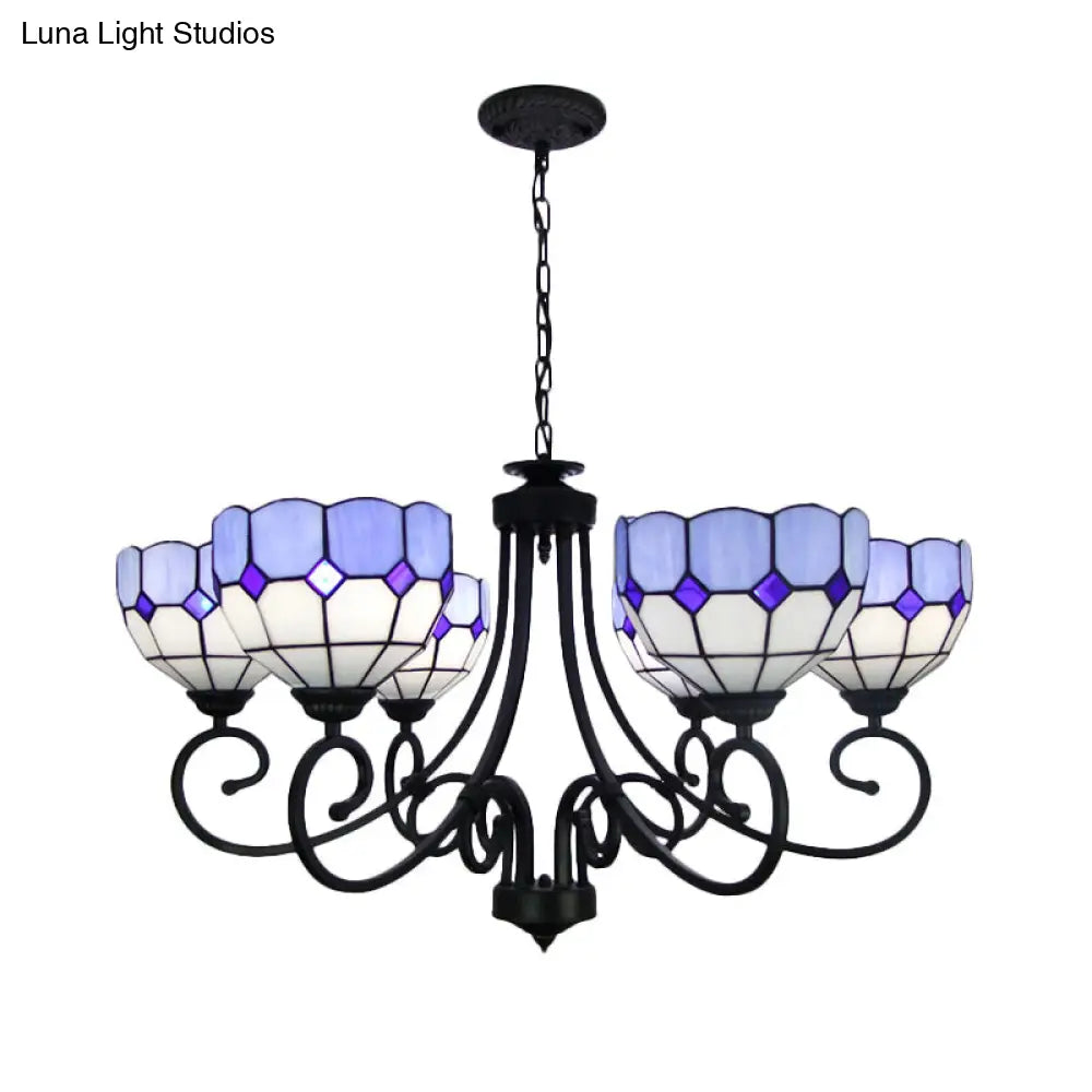 Mediterranean Chandelier Light With Stained Glass Bowl Shade For Foyer Pendant Lighting