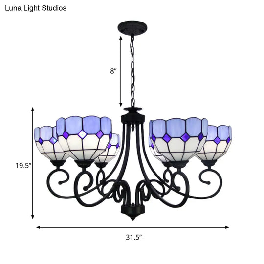 Mediterranean Chandelier Light With Stained Glass Bowl Shade For Foyer Pendant Lighting