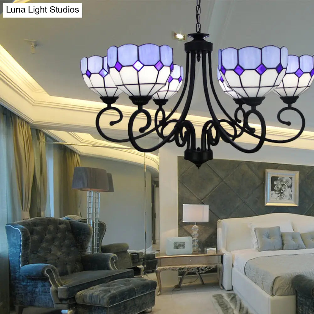 Mediterranean Chandelier Light With Stained Glass Bowl Shade For Foyer Pendant Lighting Blue