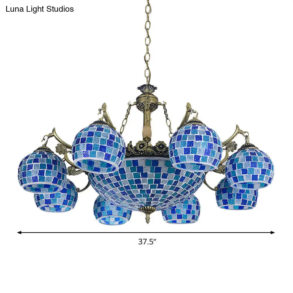 Mediterranean Stained Glass Globe Chandelier With 5/9/11 Blue Pendant Lights - Elegant Hanging Lamp