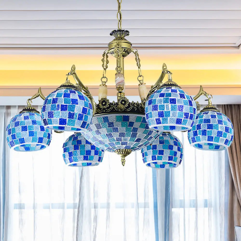 Mediterranean Stained Glass Globe Pendant Light With Blue Lights - Available In 5 9 Or 11 /