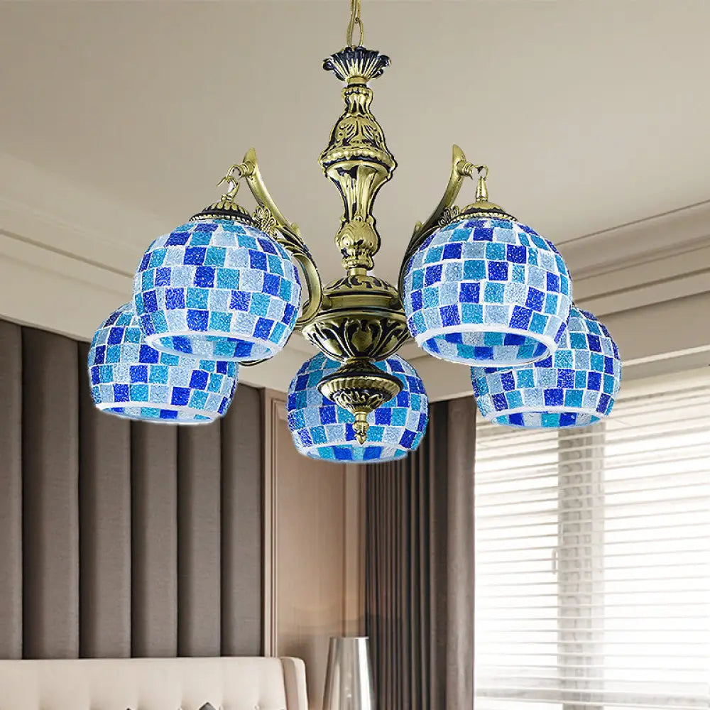 Mediterranean Stained Glass Globe Pendant Light With Blue Lights - Available In 5 9 Or 11 /