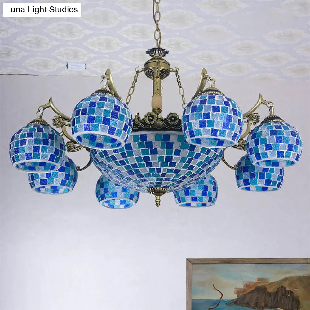 Mediterranean Stained Glass Globe Chandelier With 5/9/11 Blue Pendant Lights - Elegant Hanging Lamp