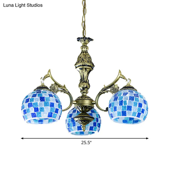 Mediterranean Stained Glass Globe Pendant Light With Blue Lights - Available In 5 9 Or 11