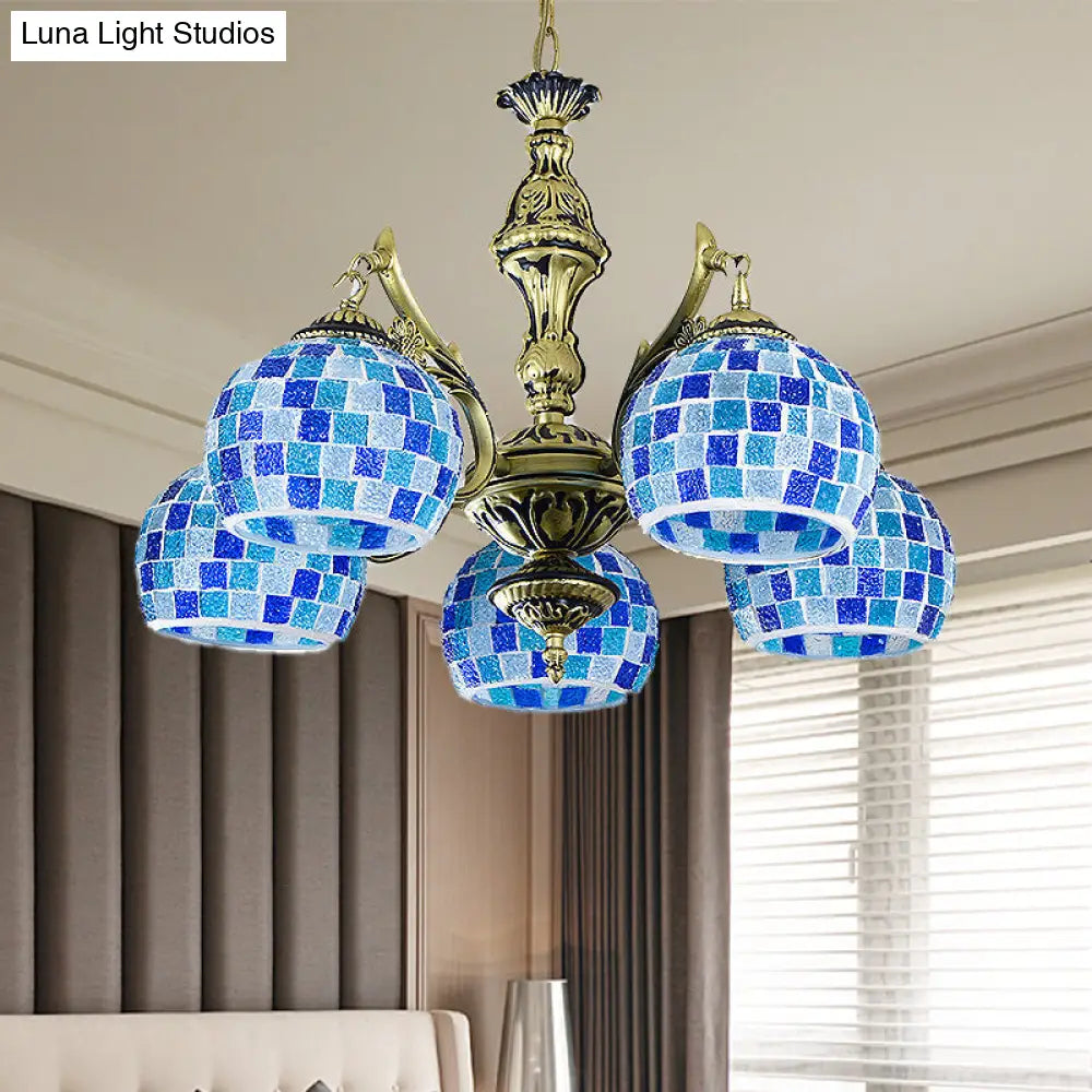 Mediterranean Stained Glass Globe Chandelier With 5/9/11 Blue Pendant Lights - Elegant Hanging Lamp