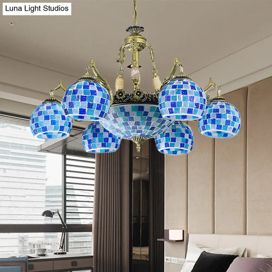 Mediterranean Stained Glass Globe Pendant Light With Blue Lights - Available In 5 9 Or 11