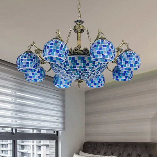 Mediterranean Stained Glass Globe Pendant Light With Blue Lights - Available In 5 9 Or 11 /