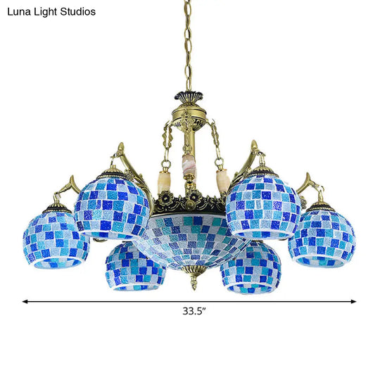 Mediterranean Stained Glass Globe Chandelier With 5/9/11 Blue Pendant Lights - Elegant Hanging Lamp