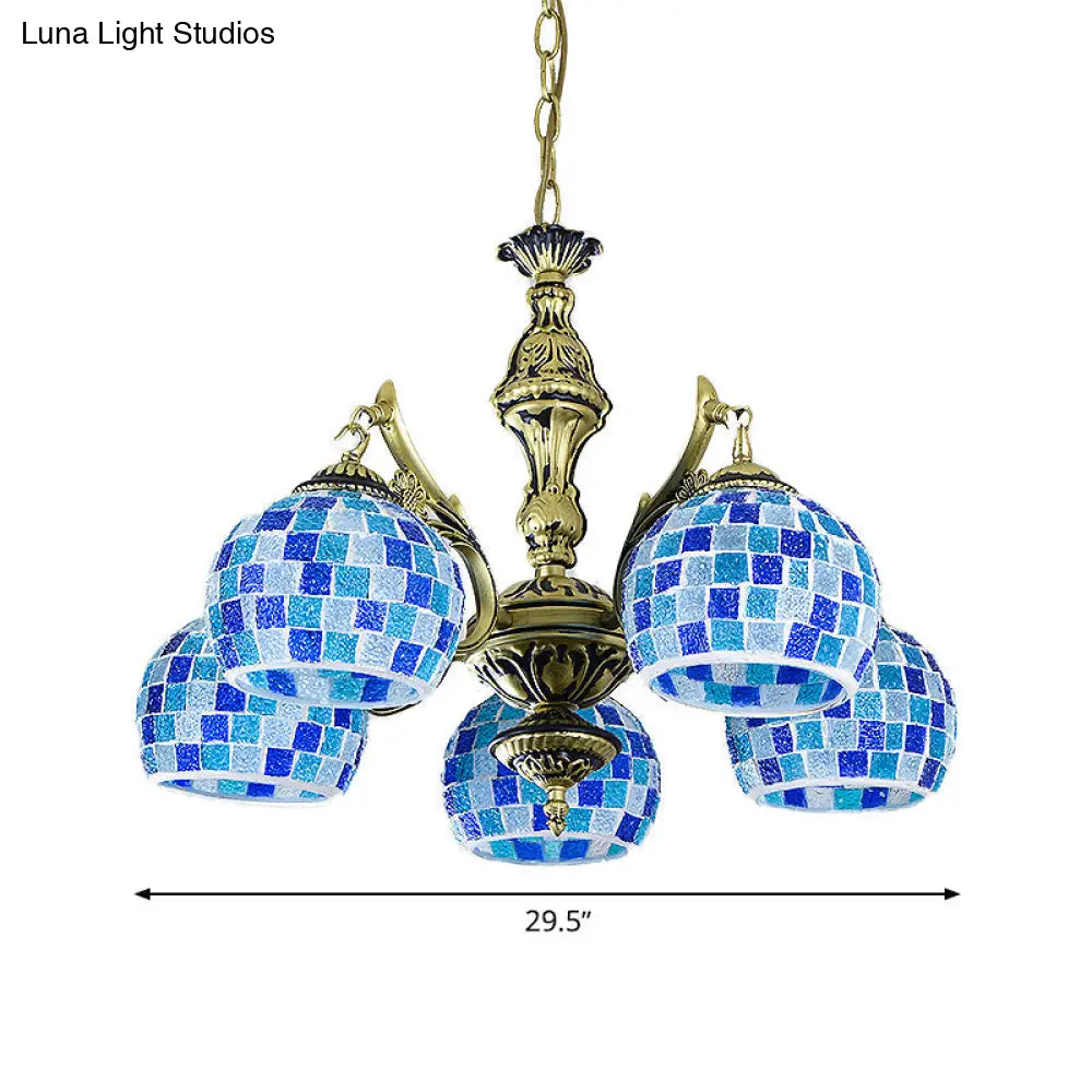 Mediterranean Stained Glass Globe Pendant Light With Blue Lights - Available In 5 9 Or 11